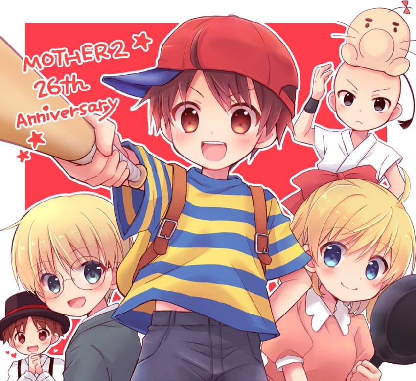 ness, paula, doseisan, jeff andonuts, poo, and 1 more (mother and 1 more) drawn by chana_gon