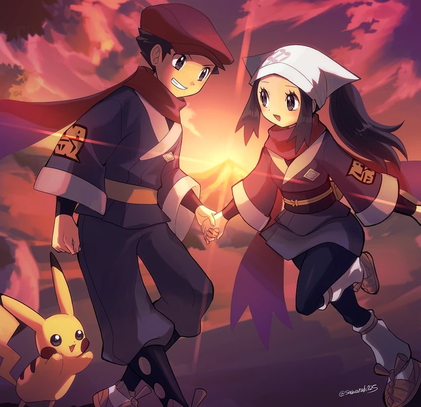 pikachu, akari, and rei (pokemon and 1 more) drawn by sawarabi_(sawarabi725)