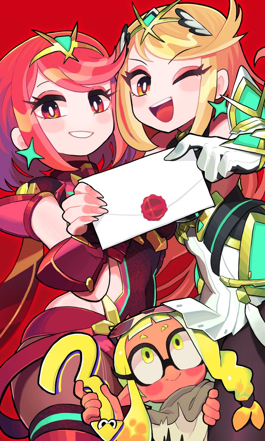 inkling player character, inkling girl, pyra, and mythra (splatoon and 4 more) drawn by gashi-gashi
