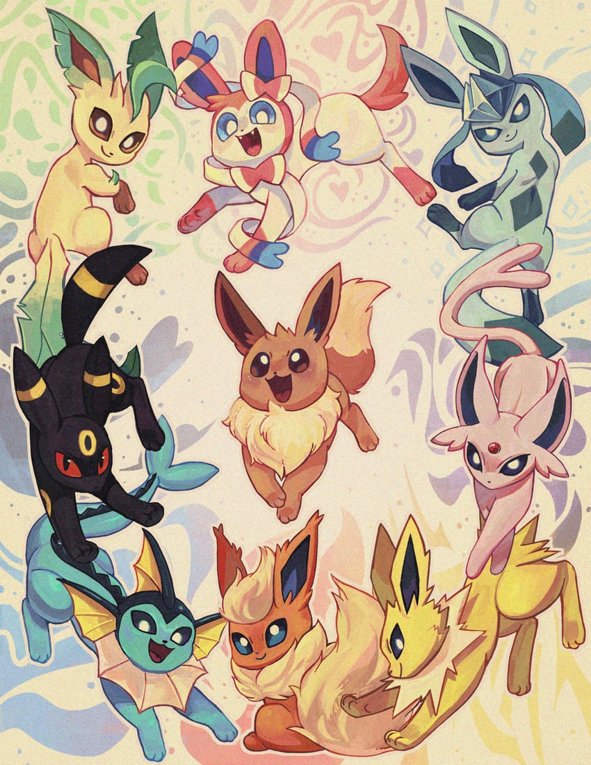 eevee, sylveon, umbreon, glaceon, vaporeon, and 4 more (pokemon) drawn by starridge