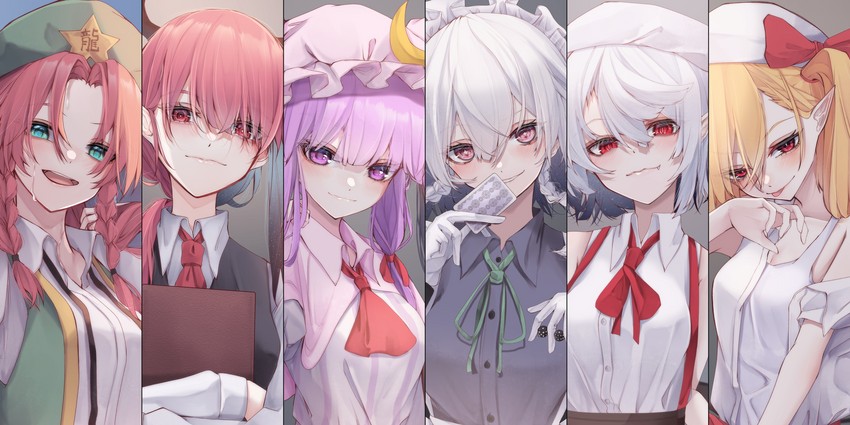 remilia scarlet, flandre scarlet, izayoi sakuya, patchouli knowledge, hong meiling, and 1 more (touhou and 1 more) drawn by kararage_tsune