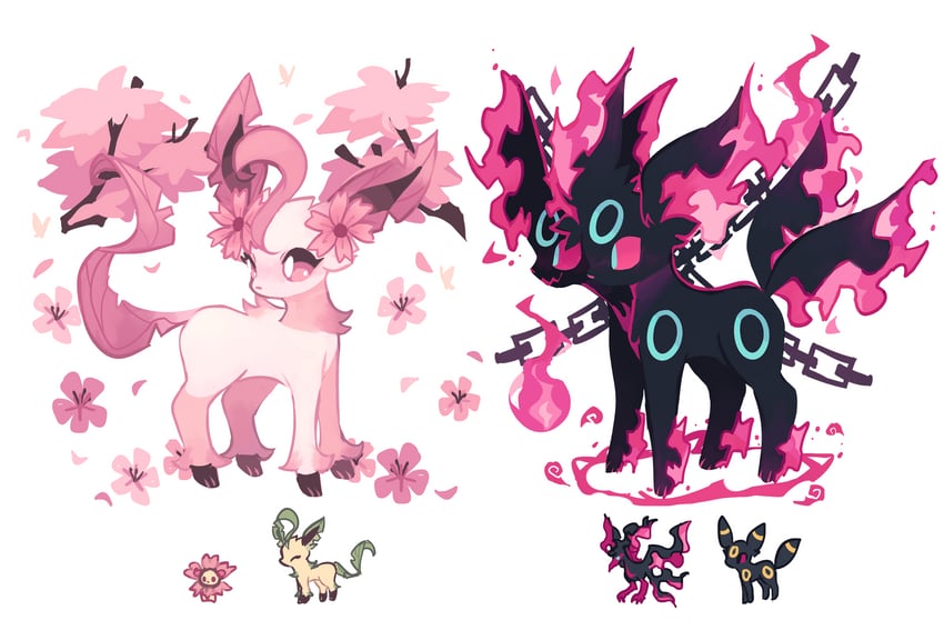 umbreon, leafeon, cherrim, and galarian moltres (pokemon) drawn by charamells