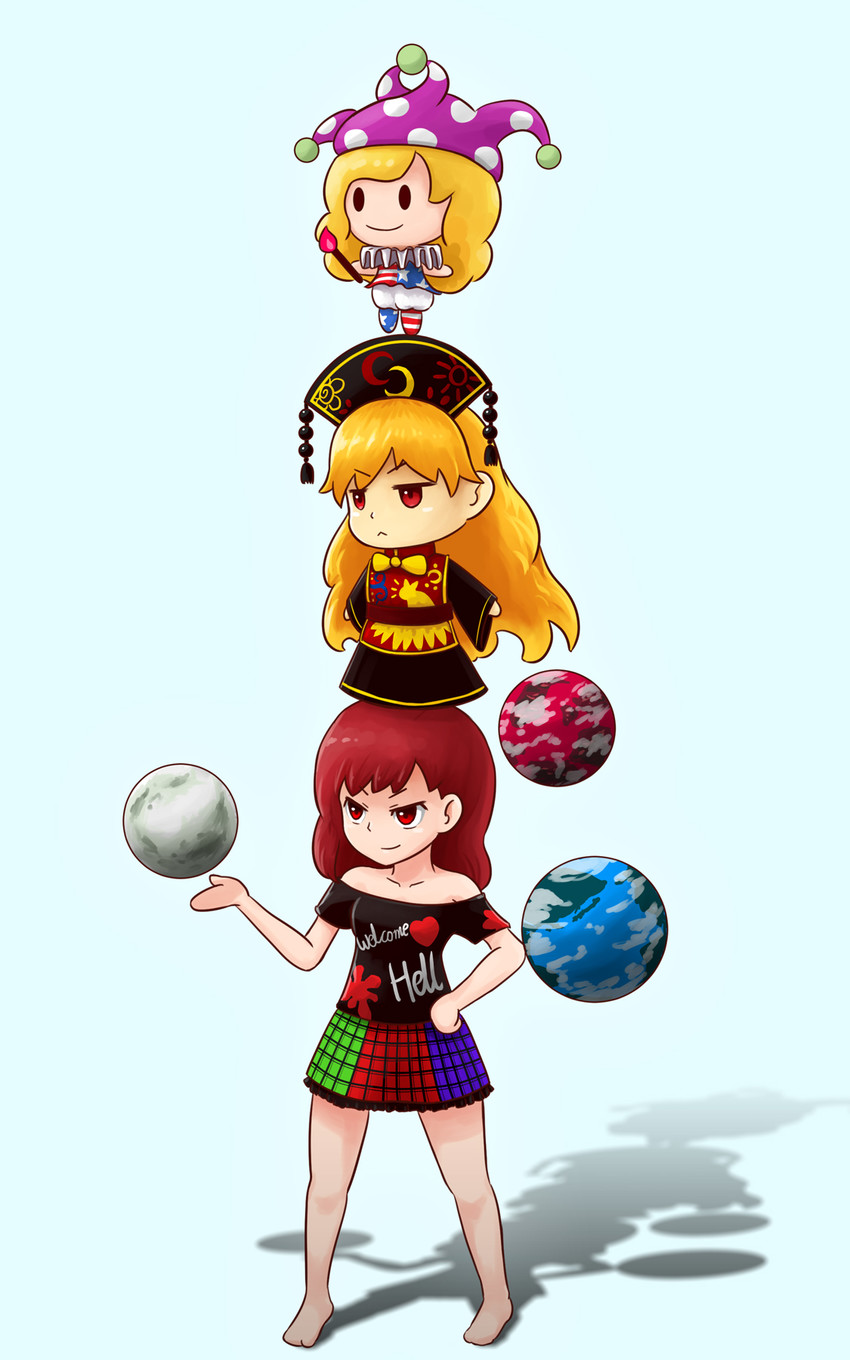 clownpiece, junko, and hecatia lapislazuli (touhou and 2 more) drawn by okema