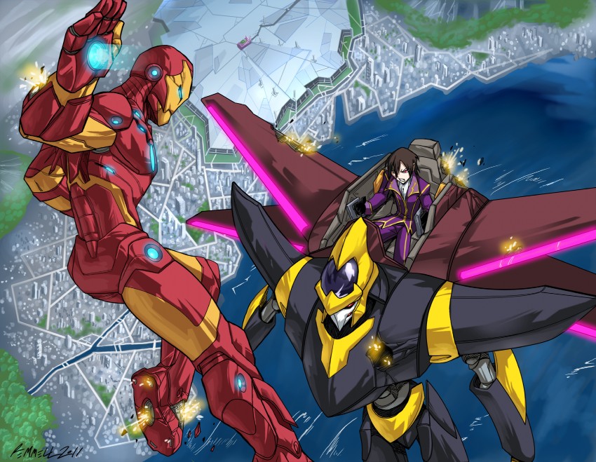 lelouch vi britannia, iron man, and shinkirou (marvel and 1 more) drawn by kristoffer_remmell