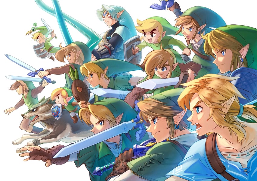 link, toon link, young link, wolf link, fierce deity, and 1 more (the legend of zelda and 7 more) drawn by oim8n