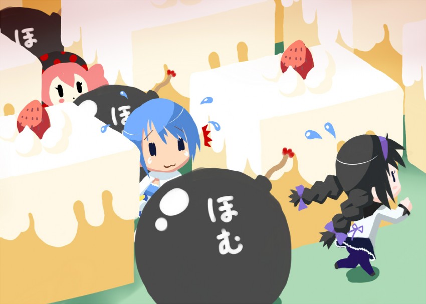 akemi homura, miki sayaka, and charlotte (mahou shoujo madoka magica and 1 more) drawn by gochou_(kedama)