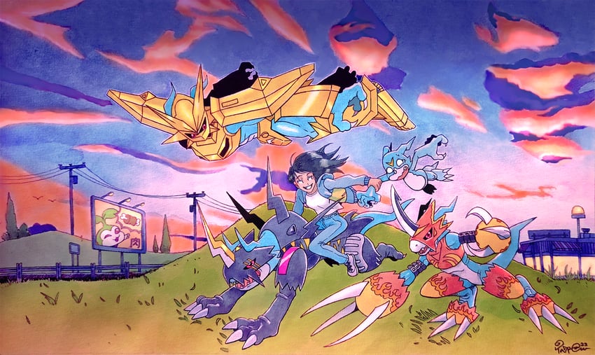 v-mon, magnamon, tanemon, fladramon, and lighdramon (digimon) drawn by taragraphika