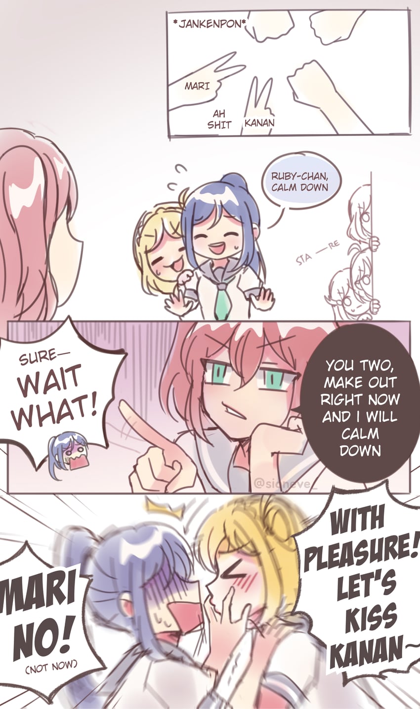 watanabe you, sakurauchi riko, takami chika, matsuura kanan, kurosawa ruby, and 1 more (love live! and 1 more) drawn by sioneve