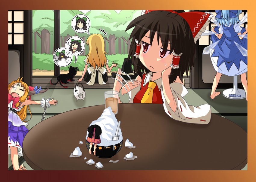 hakurei reimu, kirisame marisa, cirno, kaenbyou rin, reiuji utsuho, and 2 more (touhou) drawn by utakata_(azaka00)