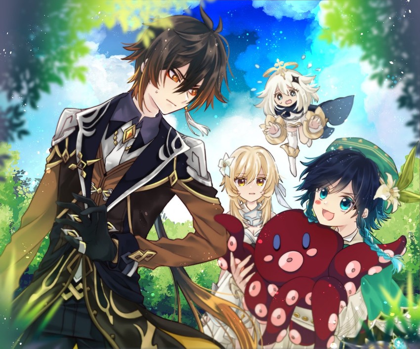 lumine, zhongli, venti, and paimon (genshin impact) drawn by uruugame