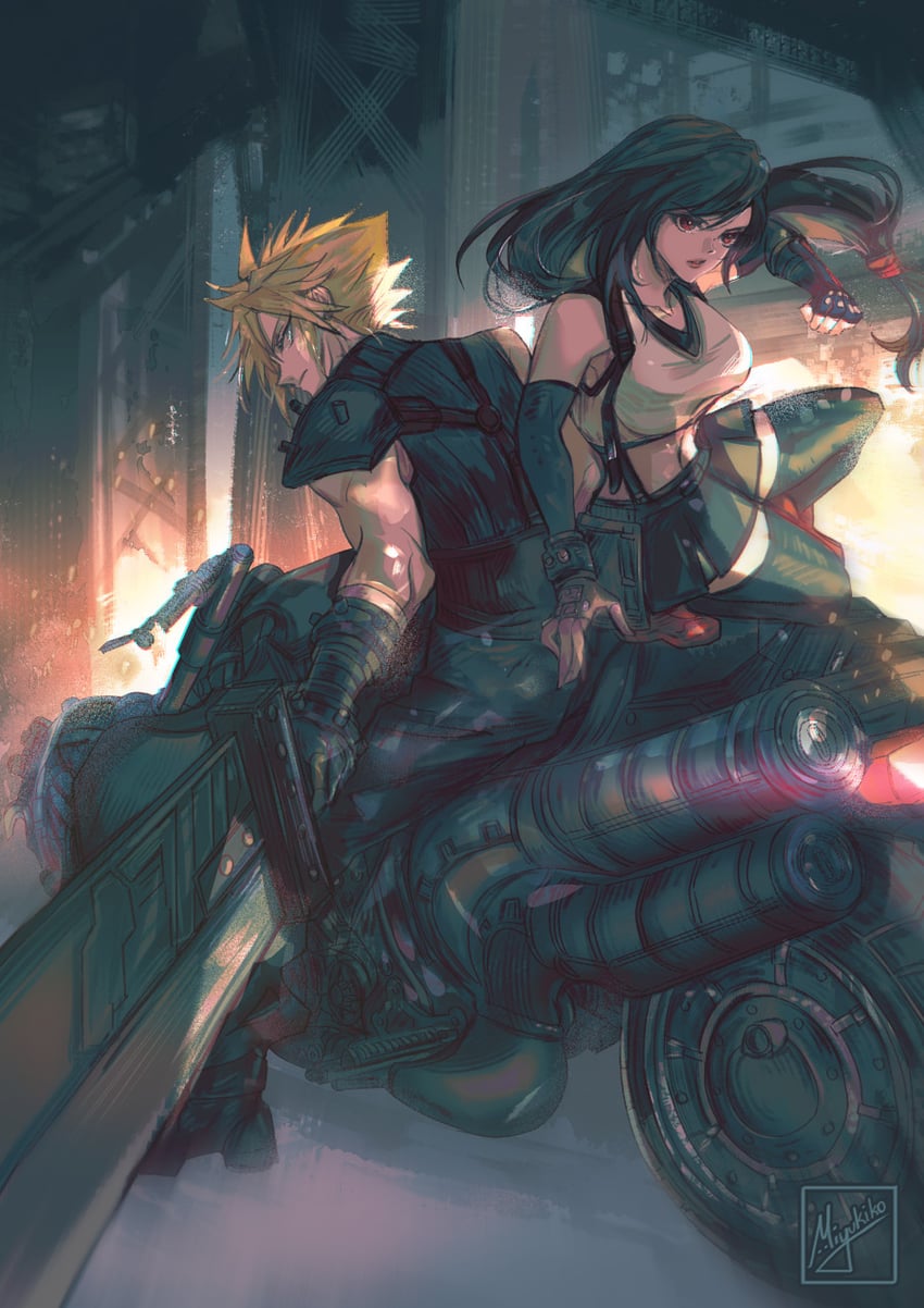 tifa lockhart and cloud strife (final fantasy and 2 more) drawn by miyukiko