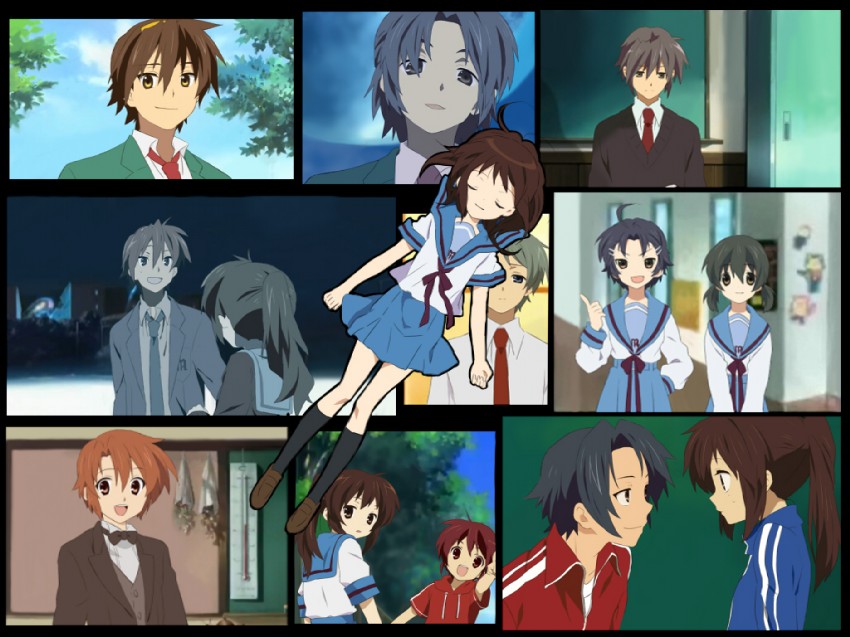 kyonko, suzumiya haruhiko, nagato yuuki, asahina mitsuru, asakura ryo, and 5 more (suzumiya haruhi no yuuutsu) drawn by mokomichi