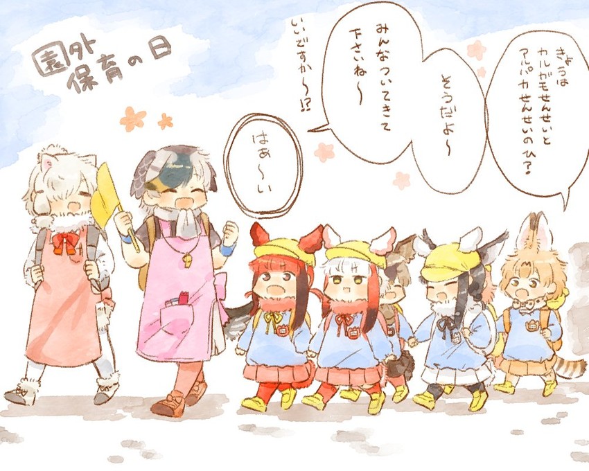 serval, japanese crested ibis, alpaca suri, caracal, scarlet ibis, and 3 more (kemono friends and 1 more) drawn by moeki_(moeki0329)