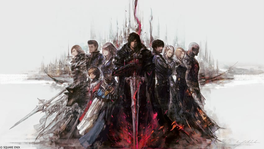 clive rosfield, jill warrick, dion lesage, joshua rosfield, torgal, and 5 more (final fantasy and 1 more) drawn by takahashi_kazuya