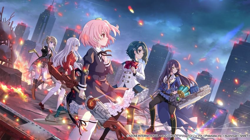 kon kanaho, funada kiito, hitotsuyanagi riri, aizawa kazuha, and kishimoto lucia raimu (assault lily)
