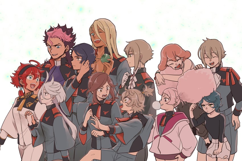 suletta mercury, miorine rembran, guel jeturk, elan ceres, chuatury panlunch, and 6 more (gundam and 1 more) drawn by sobayu_(chizuwa)
