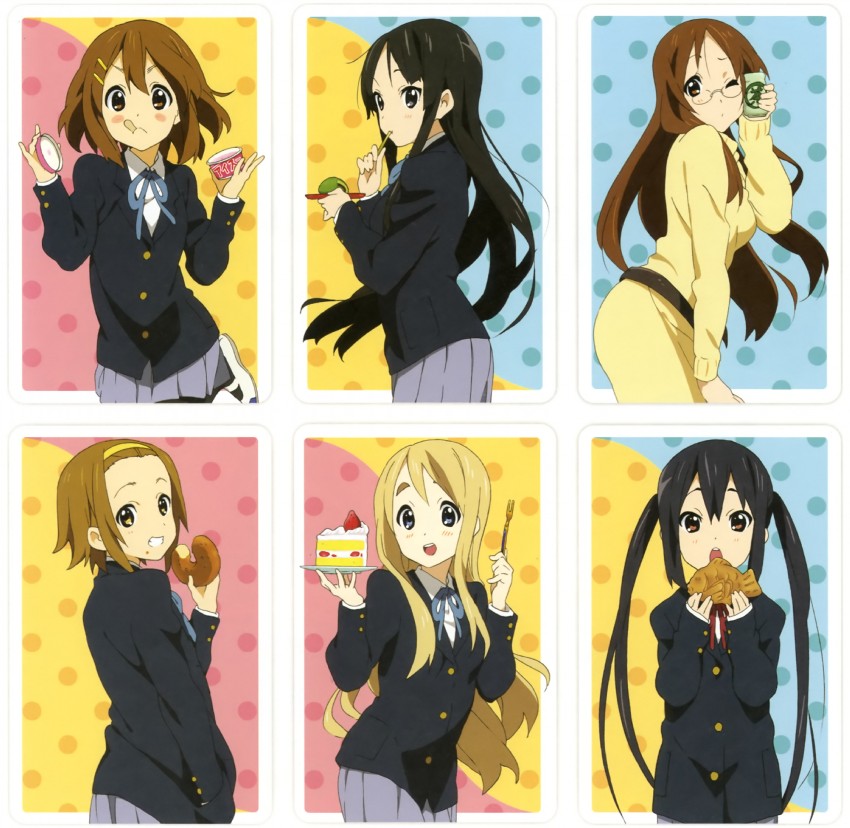 akiyama mio, nakano azusa, hirasawa yui, tainaka ritsu, kotobuki tsumugi, and 1 more (k-on!) drawn by horiguchi_yukiko