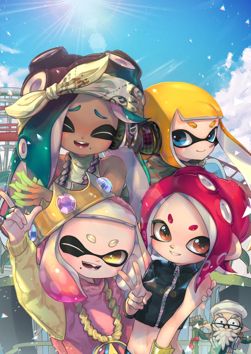 inkling player character, inkling girl, octoling player character, octoling girl, agent 8, and 4 more (splatoon and 2 more) drawn by kashu_(hizake)