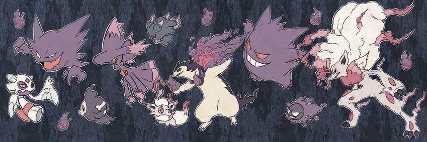 gengar, gastly, mismagius, haunter, froslass, and 5 more (pokemon) drawn by debudebumetabo