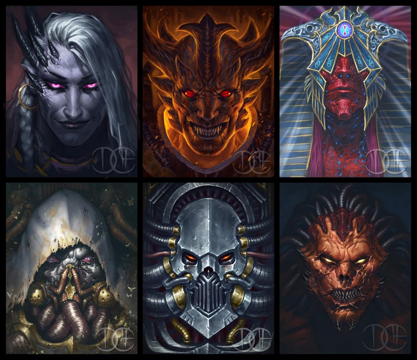 mortarion, fulgrim, magnus the red, angron, lorgar aurelian, and 1 more (warhammer 40k) drawn by david_haire