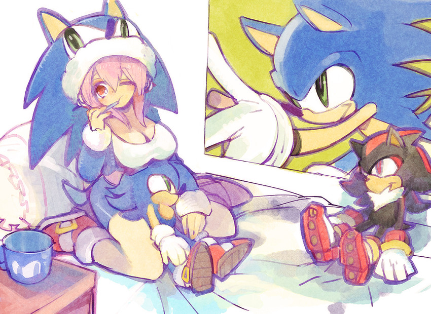 sonic the hedgehog, super sonico, and shadow the hedgehog (sonic and 1 more) drawn by munagesuki