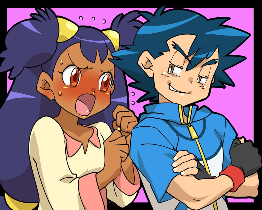ash ketchum and iris (pokemon and 1 more) drawn by amada