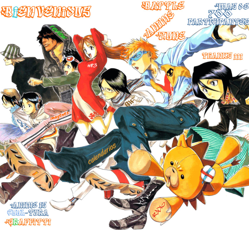 kuchiki rukia, inoue orihime, kurosaki ichigo, kon, ishida uryuu, and 5 more (bleach) drawn by kubo_tite