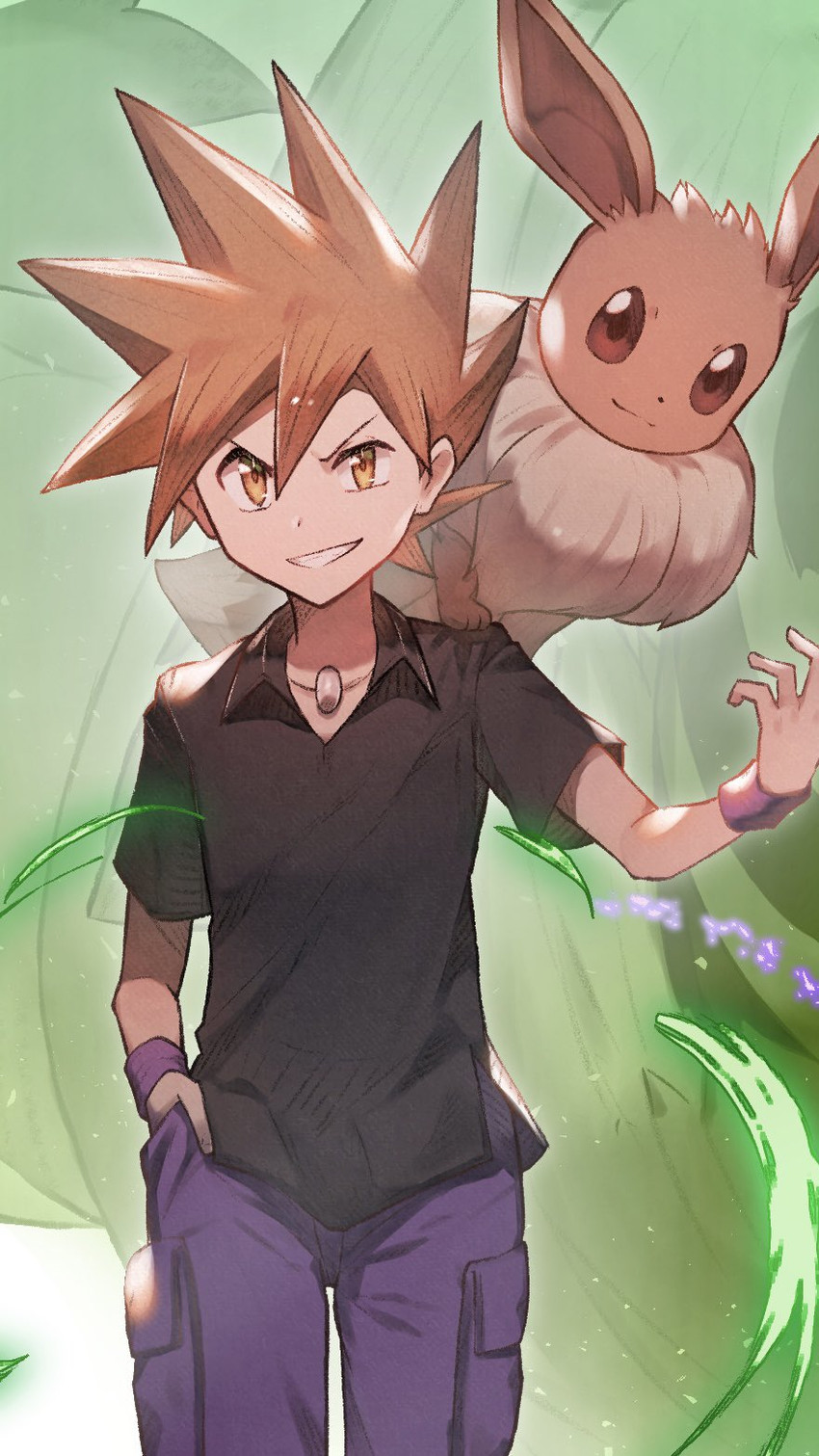 eevee and blue oak (pokemon and 1 more) drawn by odd_(hin_yari)