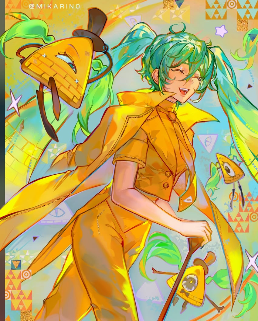 hatsune miku and bill cipher (vocaloid and 1 more) drawn by mikarino_x