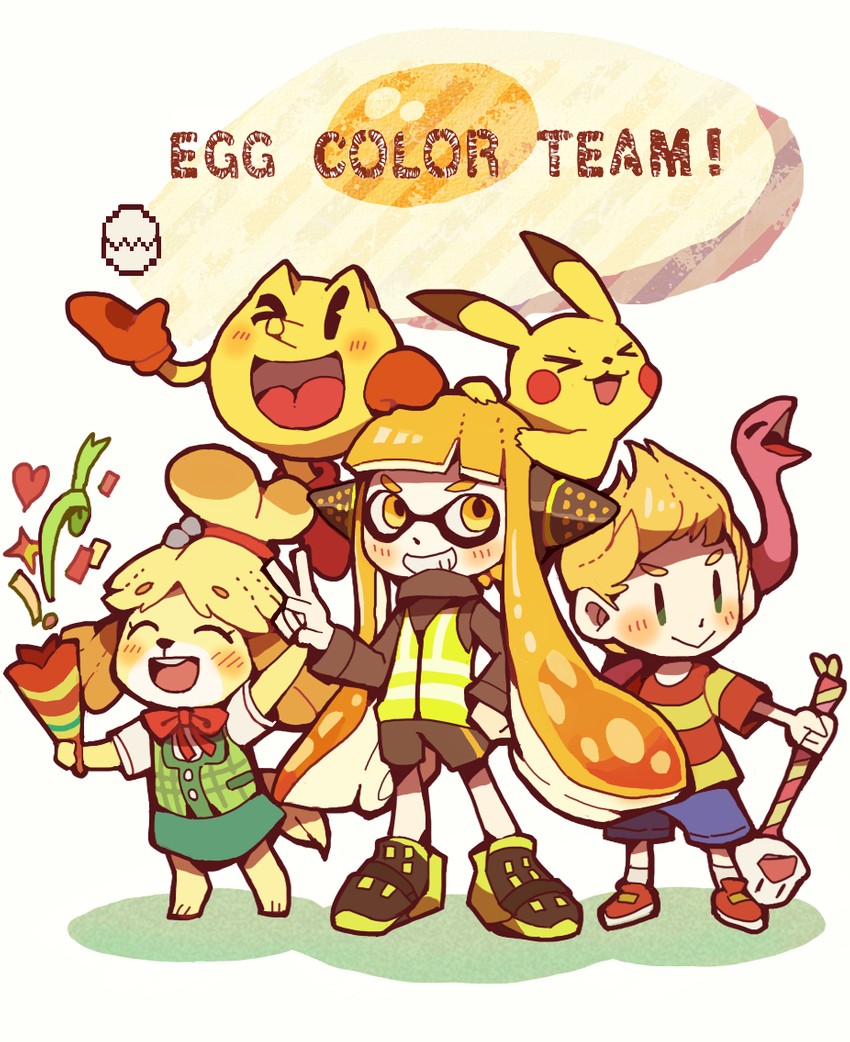 inkling player character, pikachu, inkling girl, isabelle, agent 3, and 2 more (pokemon and 8 more) drawn by teijiro