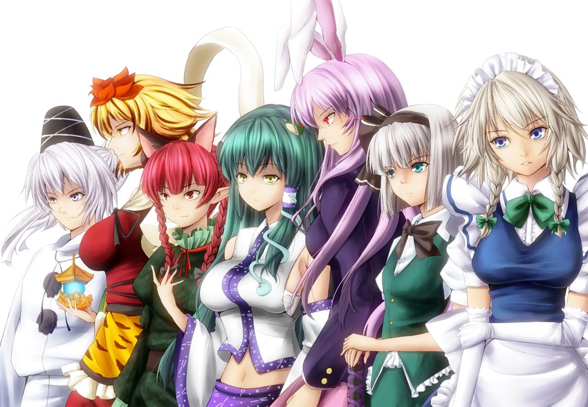 izayoi sakuya, kochiya sanae, konpaku youmu, reisen udongein inaba, kaenbyou rin, and 2 more (touhou) drawn by untue