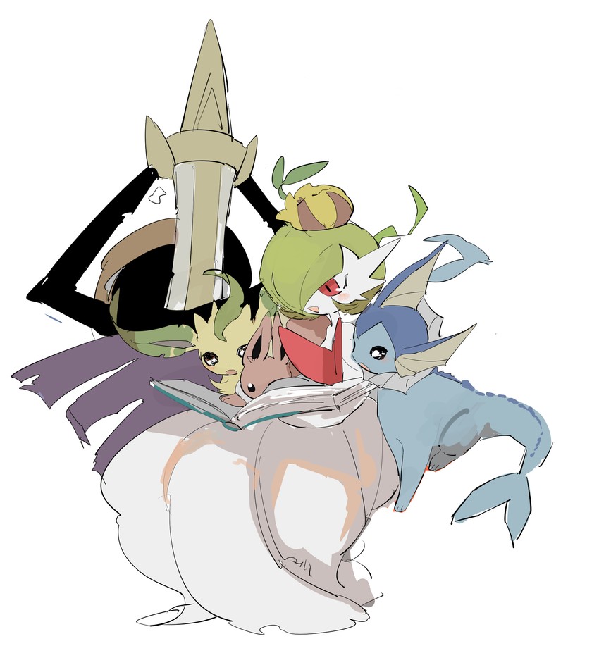 gardevoir, eevee, mega gardevoir, vaporeon, leafeon, and 2 more (pokemon) drawn by apios