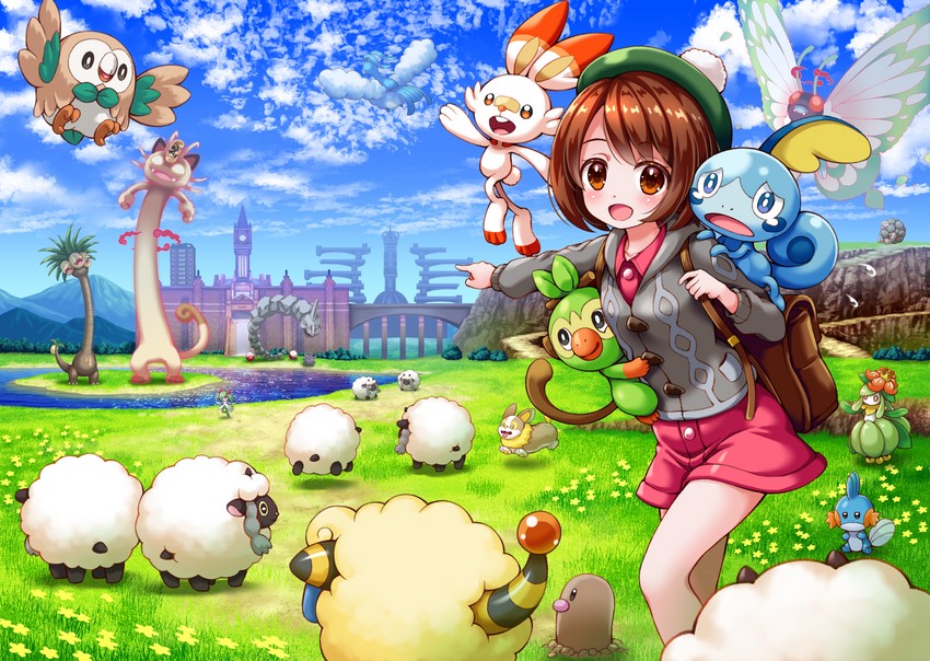 gloria, rowlet, kirlia, scorbunny, sobble, and 17 more (pokemon and 1 more) drawn by bluebird_(bluebird90)