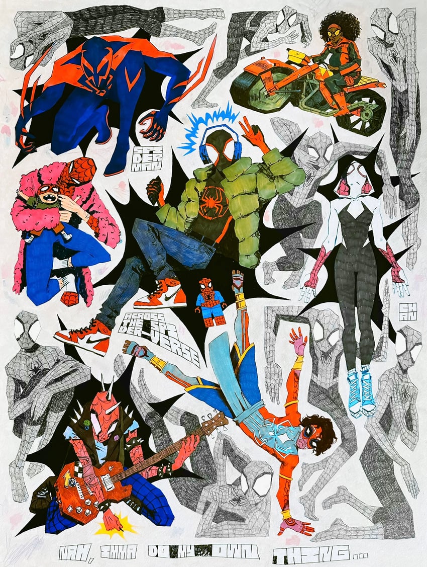 spider-man, spider-gwen, peter parker, miles morales, spider-woman, and 3 more (marvel and 3 more) drawn by chan_(flesh.png)