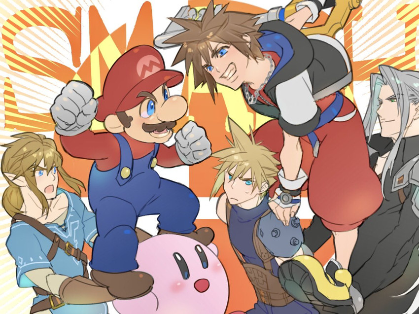 link, cloud strife, kirby, mario, sephiroth, and 1 more (final fantasy and 8 more) drawn by ryouto
