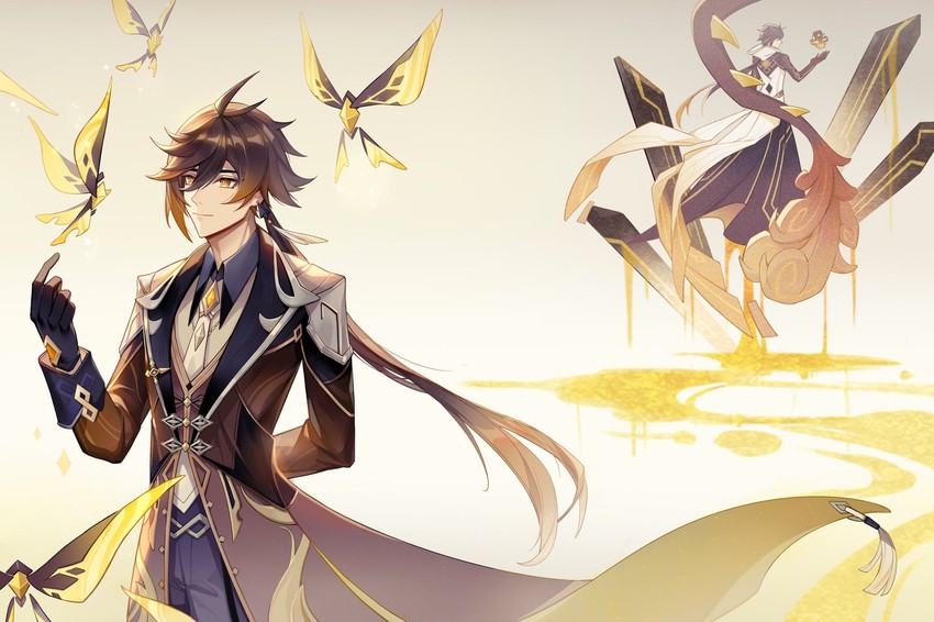 crystalfly, zhongli, and rex lapis (genshin impact) drawn by honesitasakana