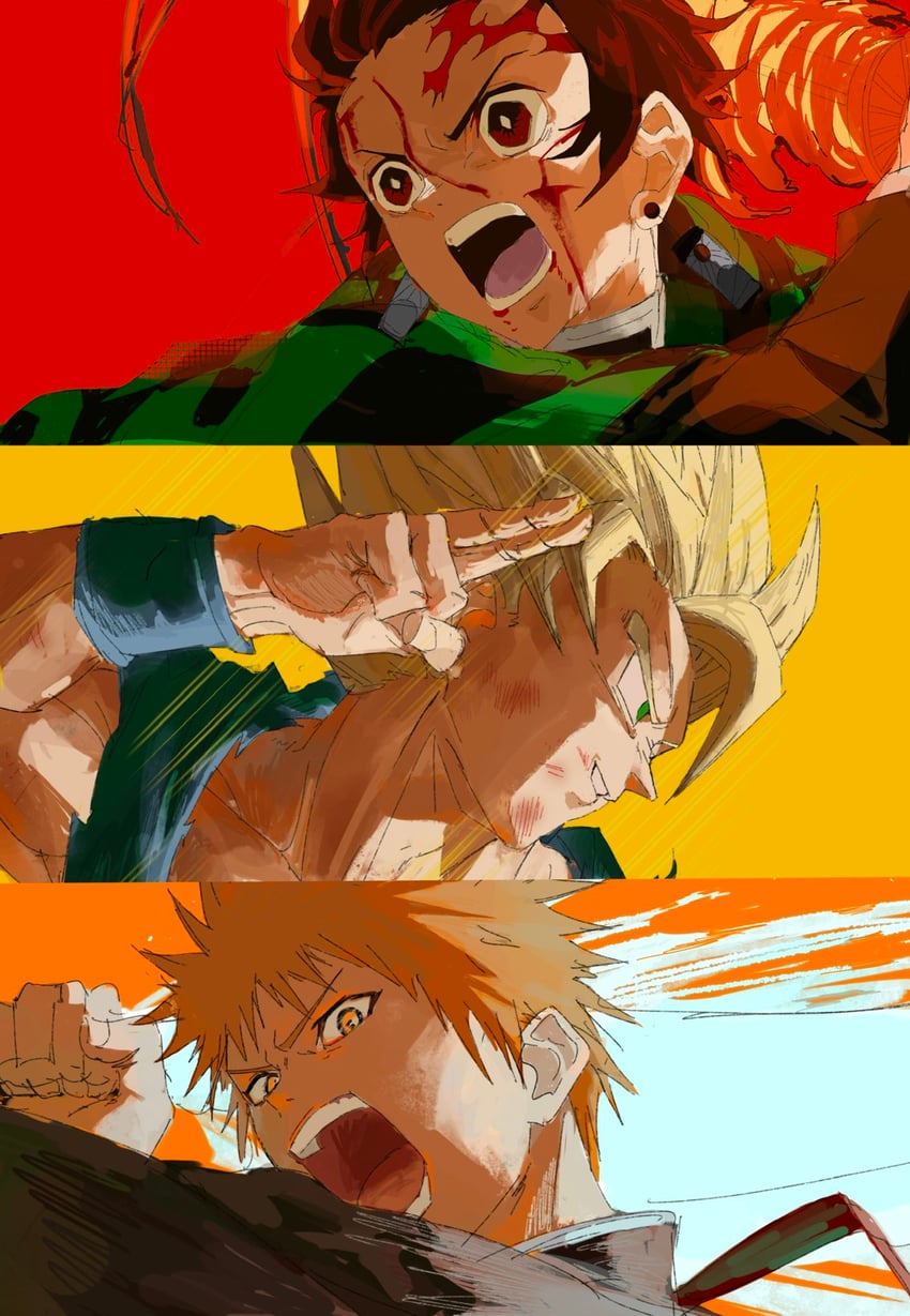 son goku, kurosaki ichigo, and kamado tanjirou (dragon ball and 2 more) drawn by yuuki_(illust2002)