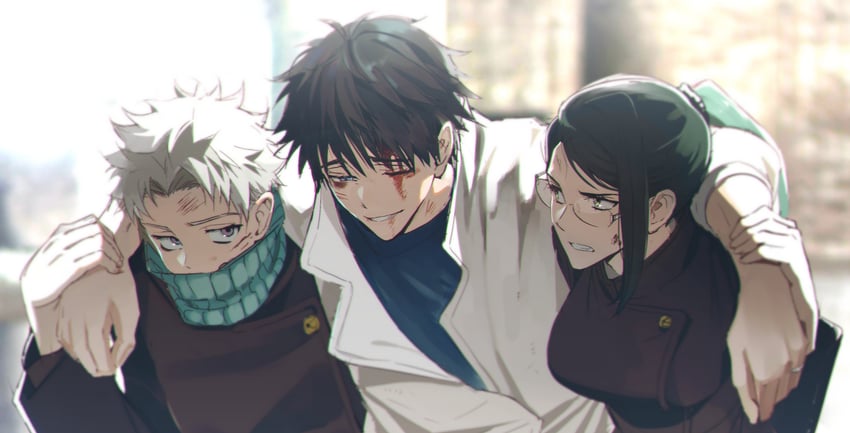 zen'in maki, okkotsu yuuta, and inumaki toge (jujutsu kaisen) drawn by chuminini