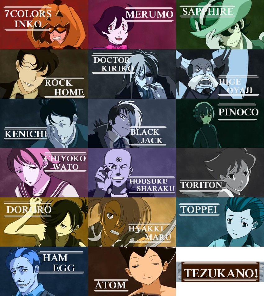 black jack, hyakkimaru, dororo, pinoko, atom, and 12 more (baccano! and 5 more) drawn by non_(kaos)