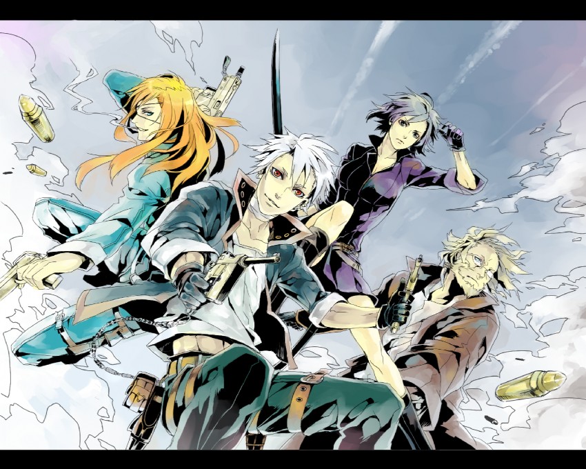 fuyumine naoto, haine rammsteiner, badou nails, and mihai mihaeroff (dogs: bullets & carnage) drawn by saiga_tokihito