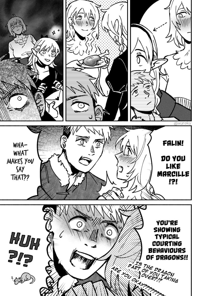 marcille donato, falin touden, laios touden, and dragon (dungeon meshi) drawn by kkxuroky