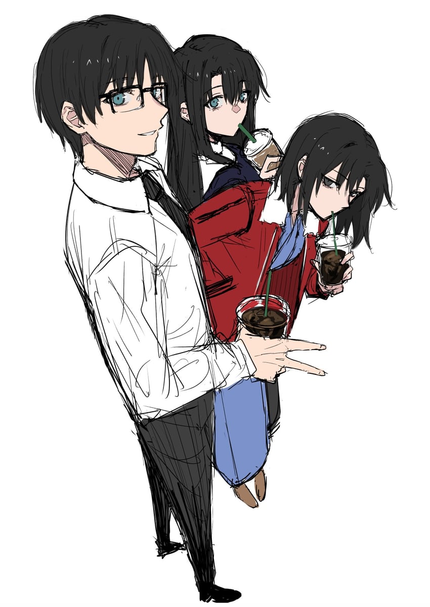 ryougi shiki, kokutou mikiya, and kokutou azaka (kara no kyoukai) drawn by egomeshi