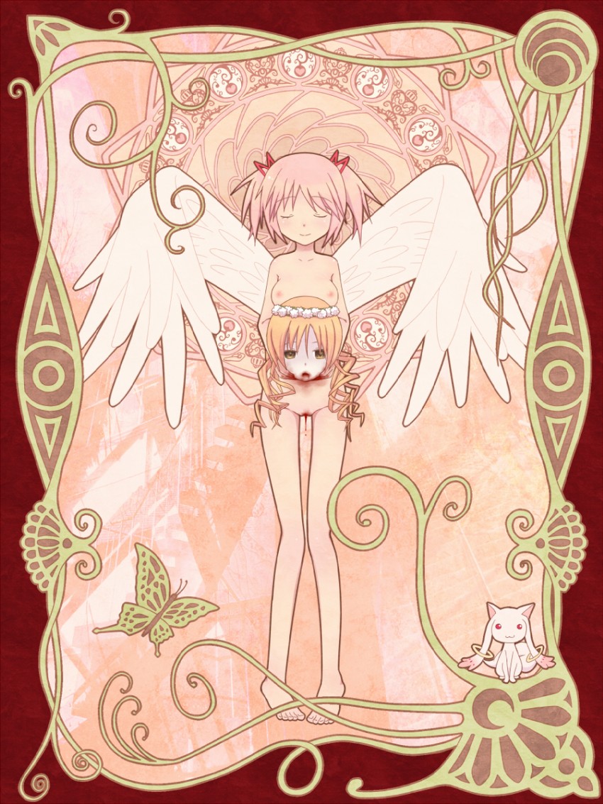 kaname madoka, tomoe mami, and kyubey (mahou shoujo madoka magica) drawn by grapepop