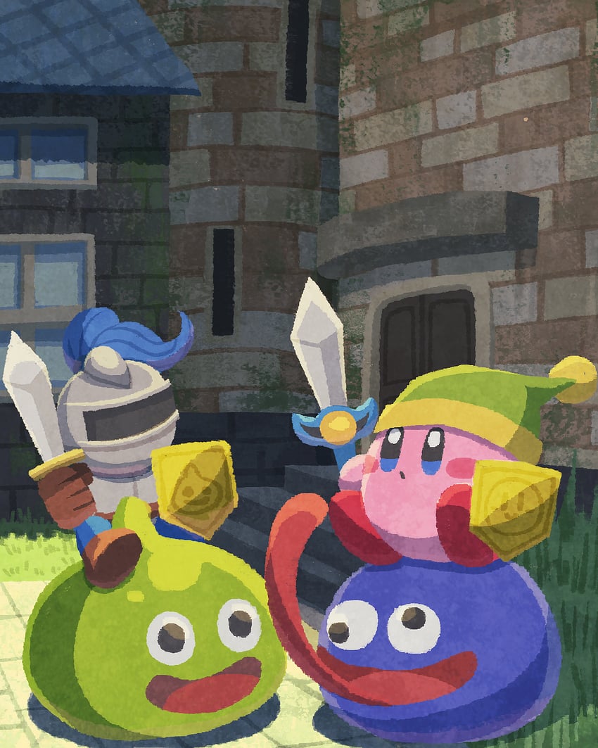 kirby, slime, gooey, sword kirby, and slime knight (dragon quest and 2 more) drawn by miclot