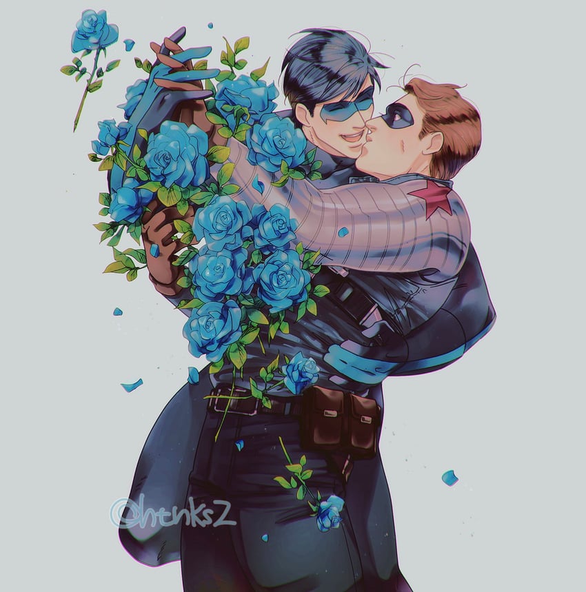 bucky barnes, dick grayson, winter soldier, and nightwing (marvel and 1 more) drawn by htnks2