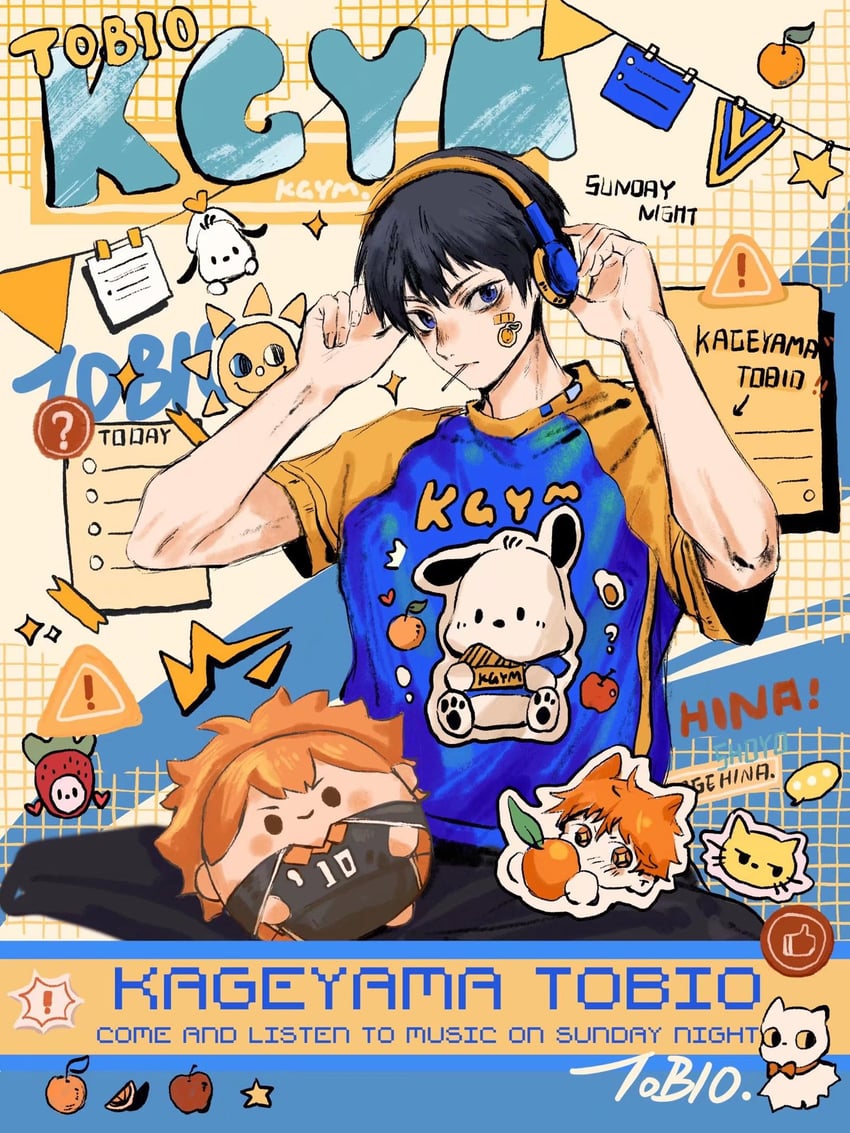 hinata shouyou, kageyama tobio, and pochacco (sanrio and 1 more) drawn by tuuuuuututu