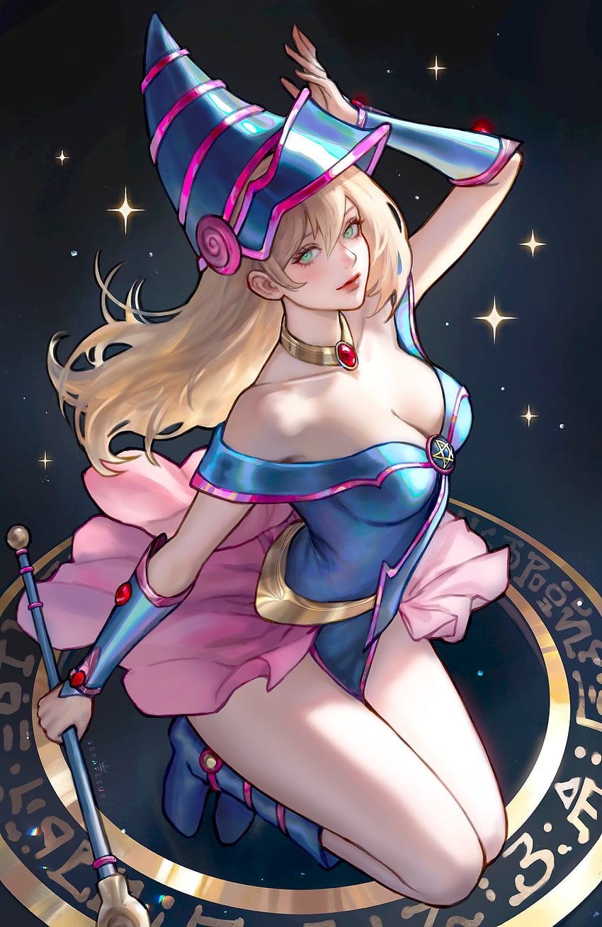 dark magician girl and dark magical circle (yu-gi-oh!) drawn by serafleur
