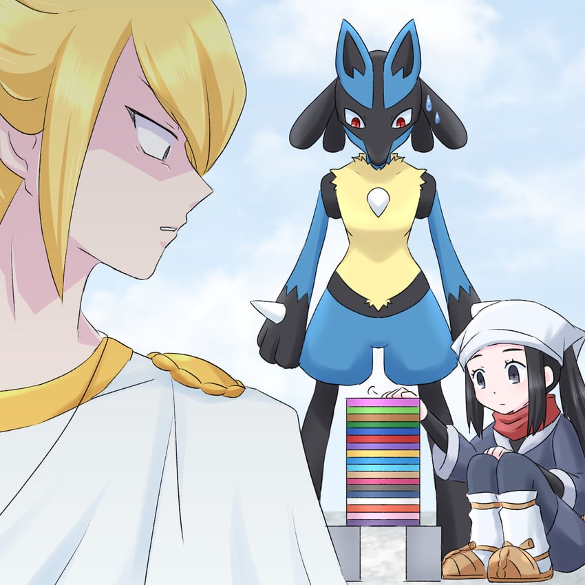 akari, lucario, and volo (pokemon and 1 more) drawn by hinotogi