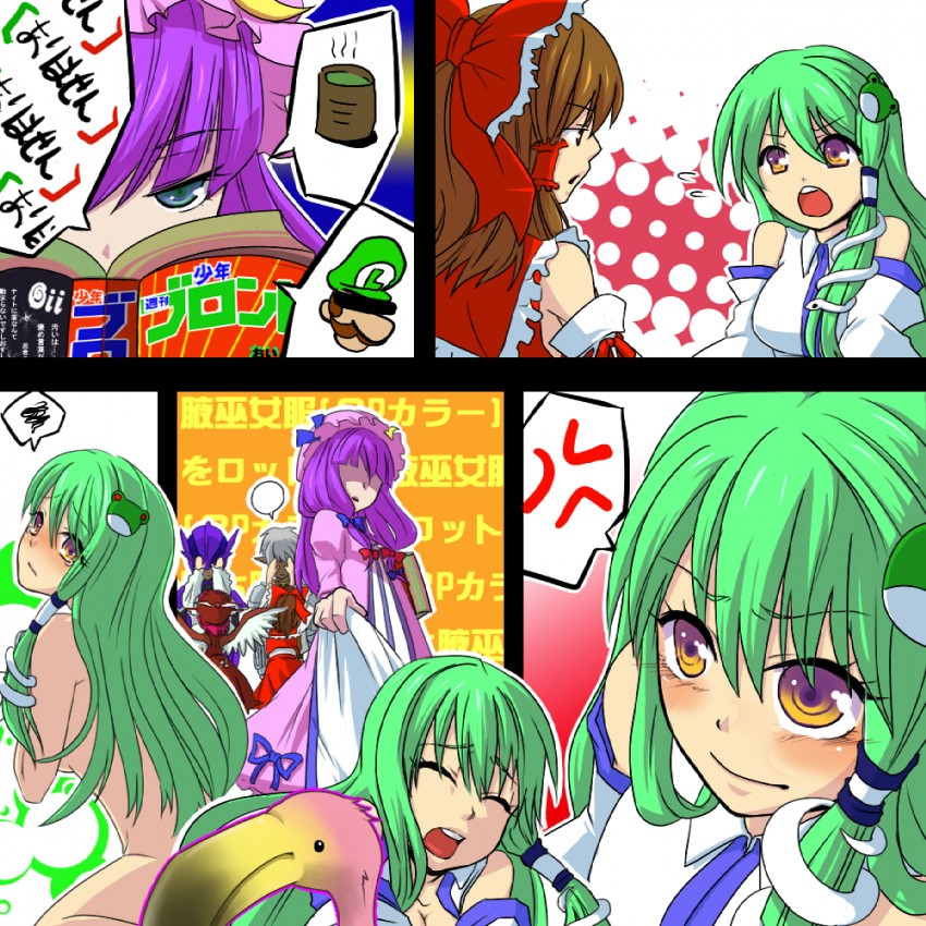 hakurei reimu, kochiya sanae, patchouli knowledge, mystia lorelei, luigi, and 3 more (touhou and 4 more) drawn by maru_kyuu