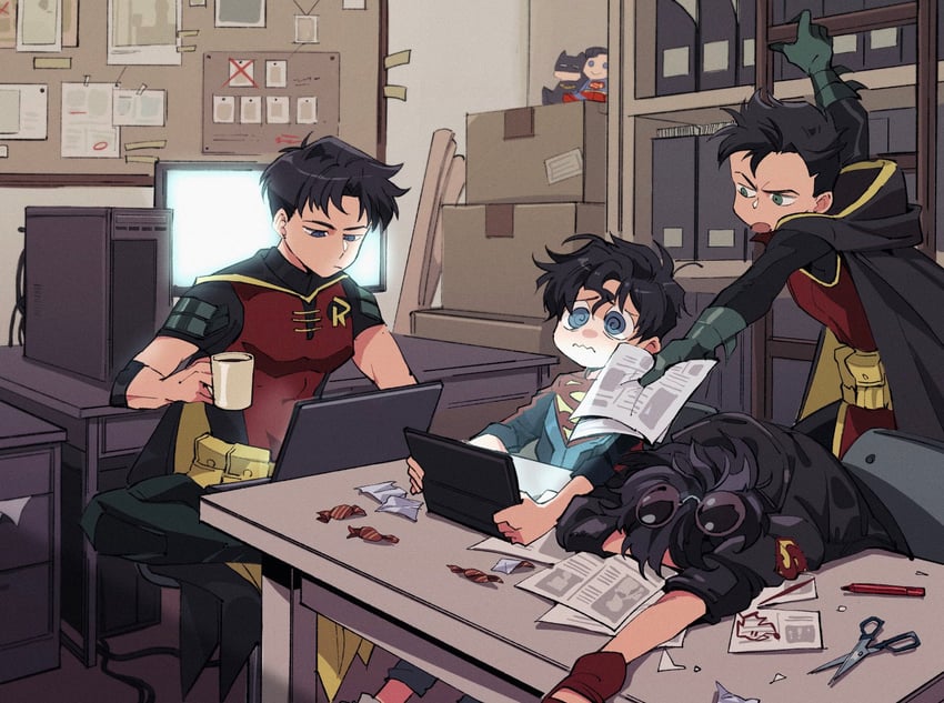 batman, robin, superman, damian wayne, superboy, and 3 more (dc comics and 4 more) drawn by hokkemaruyaki